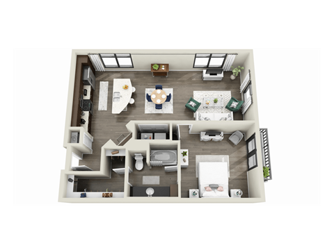 Floor plan for 1 bed, 1 bath, 888 sqft
